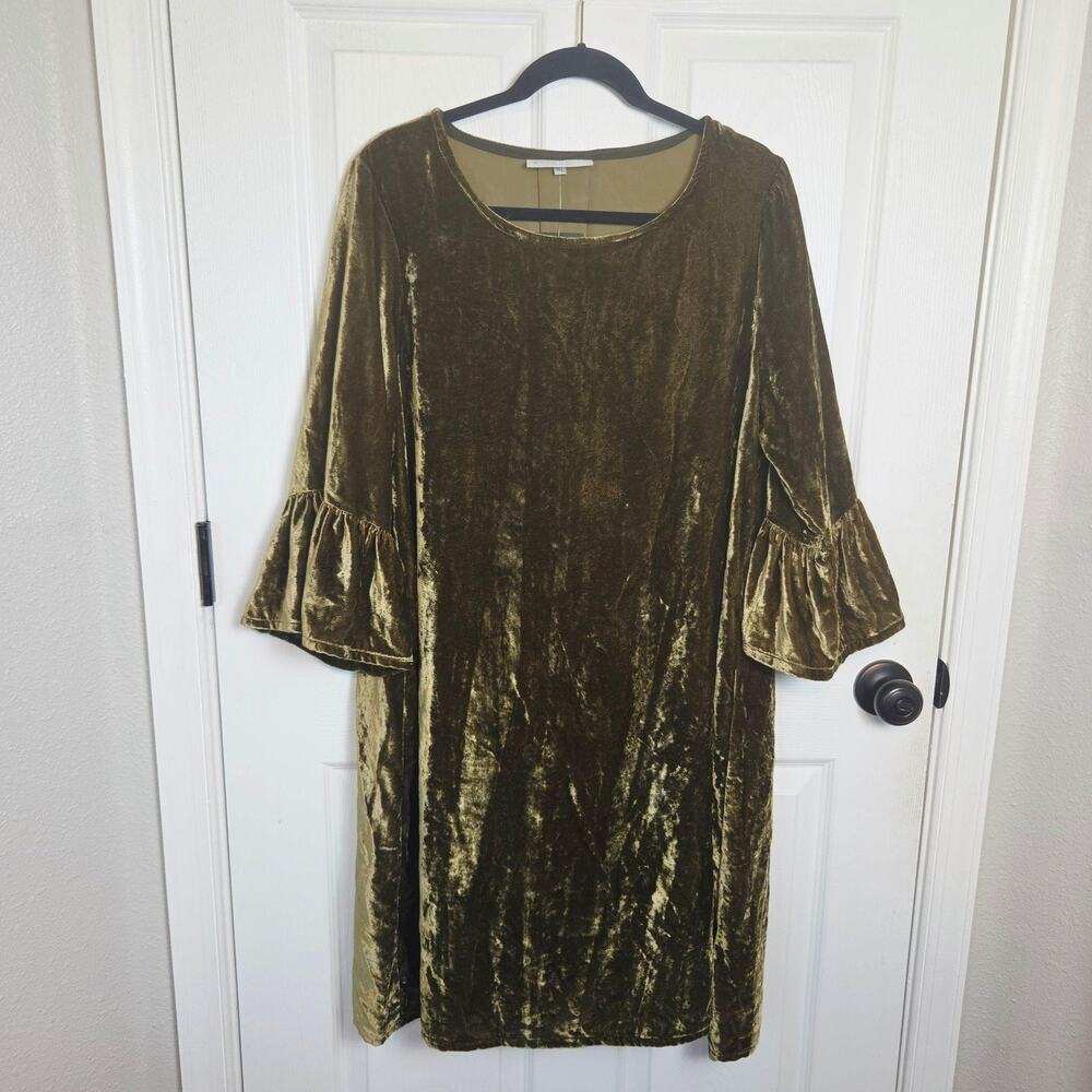 Bryn Walker Phryne Dress Medium Green Velvet Bell Ruffle Sleeve Shift USA Party